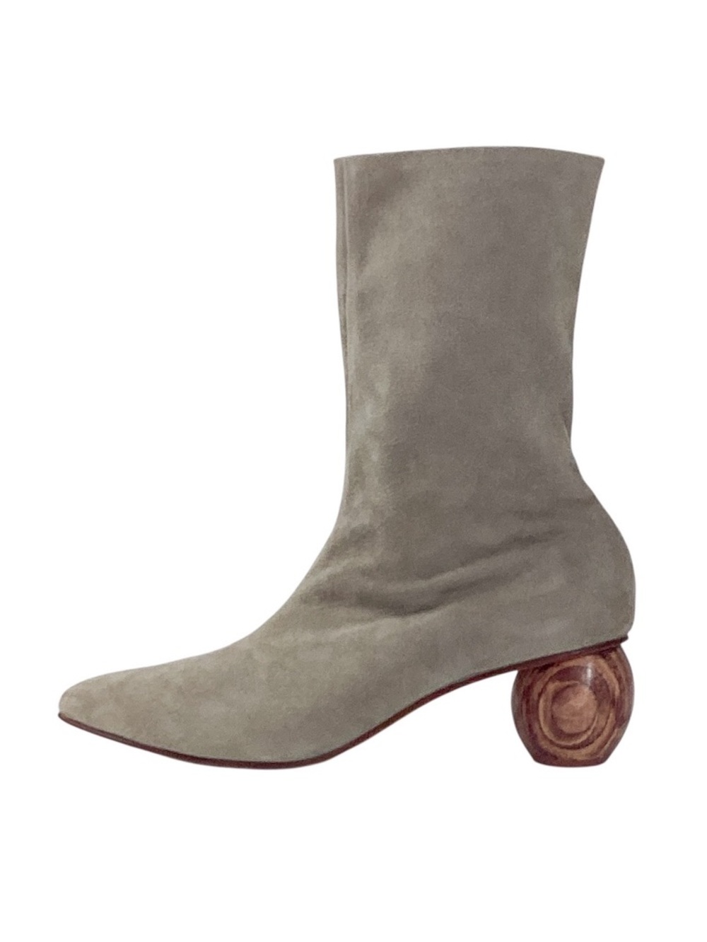 Huma Blanco Suede Ankle Boots 39 8.5 Wood Ball Heel Sculptural Tan